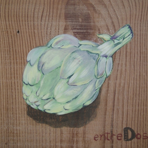 Pintura decorativa alcachofa muebles madera verduras