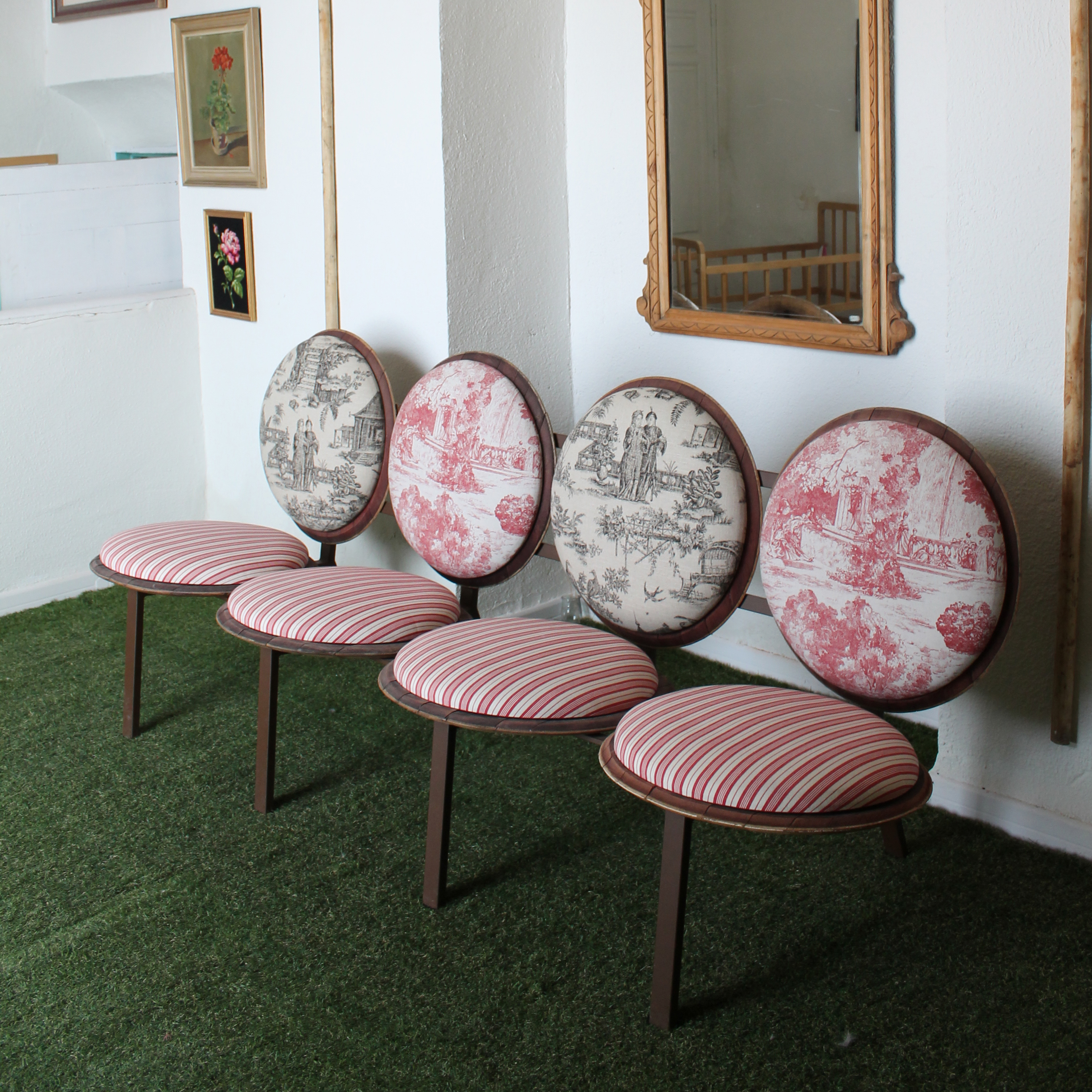 sillon sofa banca original asientos circulos redondos rara banco tapizado tapas barrica vino barriles